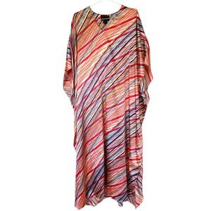 Ashro Free Size Caftan Maxi Dress Red Blue Gold Diagonal Stripe V-Neck Batwing